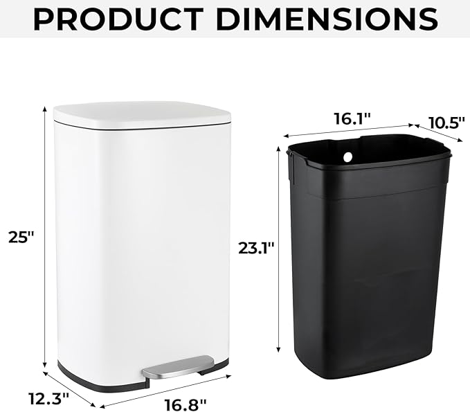 13.2 Gal Kitchen Trash Can, 50L Recycling or Garbage Bin, Brushed Stainless Steel Waste Basket, Soft&Quiet Close Dustbin, with Step-On Pedal, Removable Inner Bucket, for Home, Office, Living Room