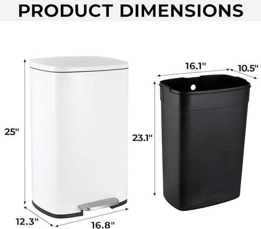 13.2 Gal Kitchen Trash Can, 50L Recycling or Garbage Bin, Brushed Stainless Steel Waste Basket, Soft&Quiet Close Dustbin, with Step-On Pedal, Removable Inner Bucket, for Home, Office, Living Room