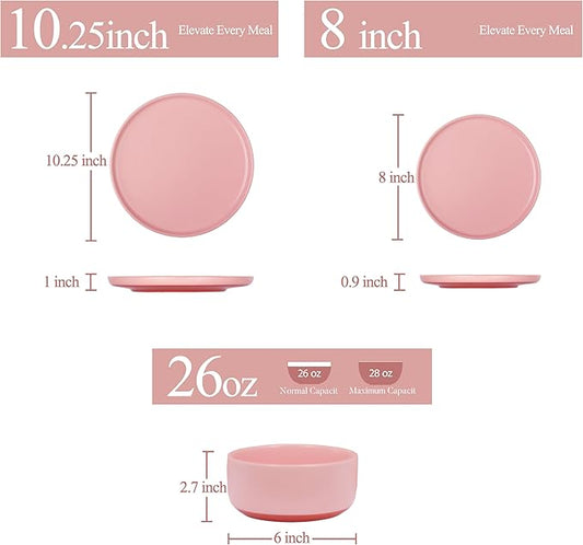 12 Piece Dinnerware Sets for 4, Dual Glaze Stoneware Plates and Bowls Set, Microwave and Dishwasher Safe, Pink