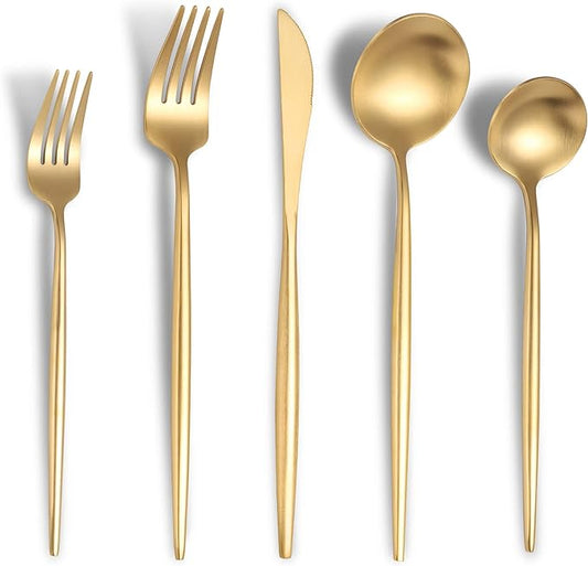 Lemeya Matte Gold Silverware Set for 6,Modern Stainless Steel Brushed Cutlery Set,30-Pieces Heavy Duty Flatware Set,Knives Spoons and Forks Set Utensils Set,Satin Finish,Dishwasher Safe