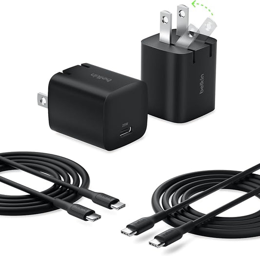 Belkin USB C Charger Block 25W (2 Pack) USB C Cable Included - PD3.0 PPS Fast Charging for Samsung Galaxy S25, S24, Apple iPhone 17, Air, Pro, Pro Max, Google Pixel 10, Nintendo Switch, etc - Black