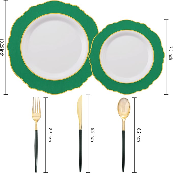 WDF 30Guest Christmas Plates Disposable - Gold Plastic Silverware With Green Handle - Baroque Green &Gold Plastic Dinnerware for Christmas Plates Party