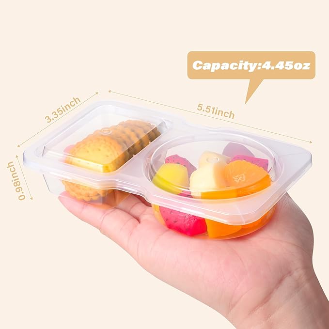 Double Compartment Snack Containers with Lids, 2 Compartment Condiment Container, Plastic Disposable Snack Pack Containers for Sauce, Salad, Food Storage Box (20, Clear, Small)