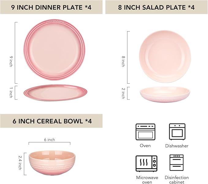 12-Piece Pink Ceramic Dinnerware Set - Monazone Series, Service for 4, Includes Bowls & 8''/9'' Plates, Glossy Finish