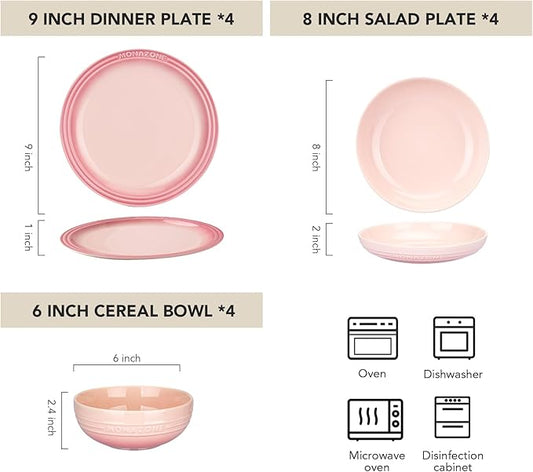 12-Piece Pink Ceramic Dinnerware Set - Monazone Series, Service for 4, Includes Bowls & 8''/9'' Plates, Glossy Finish