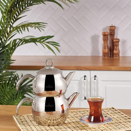 Karaca Adelya Stainless Steel Induction Teapot Set with 0.65L Teapot & 1.1L Tea Kettle, Traditional Turkish Tea Set Brewing System, Dishwasher Safe, Silver