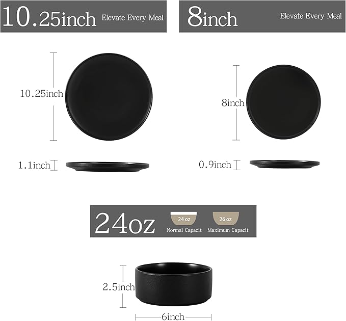 12 Piece Ceramic Dinnerware Set for 4, Modern Minimalist Stoneware Dinner Plates and Bowls, Microwave Safe, Dishwasher Safe, Versatile for All Seasons, Matte Black