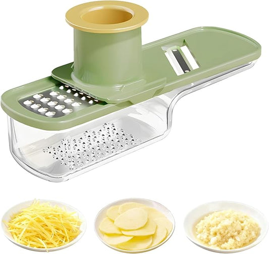 Mini Garlic Slicer,Functional Mandoline Slicers,Veggie Shredder,3 in 1 Ginger Garlic Grater with Hand Guard, Grinder Vegetable Mandoline Cutter with Container (Green)