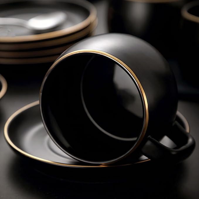 Ceramic Teacup and Saucer Set with Gold Trim Design 9.8oz Matte Plain Color Ceramic Coffee Mug Black