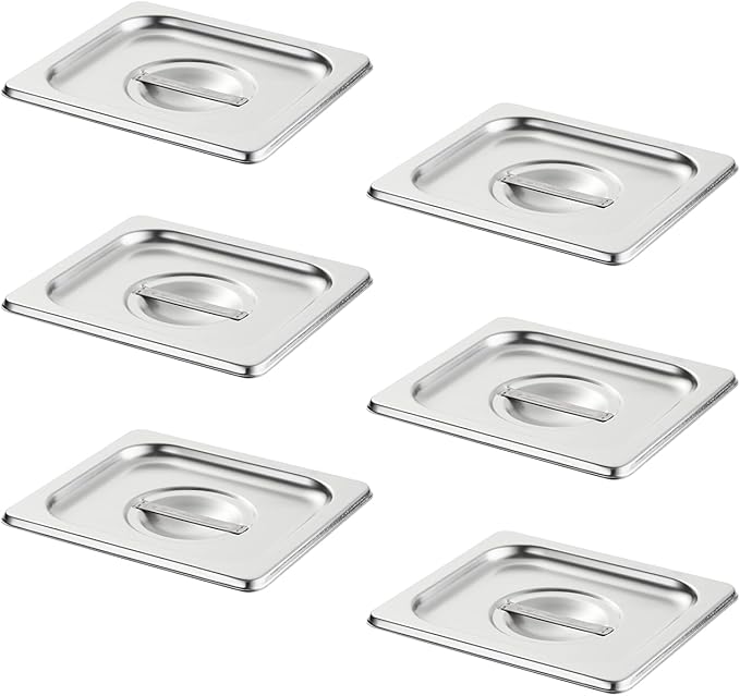 HECMAC 6-Pack 1/6 Size Hotel Pan Cover,Stainless Steel Solid Steam Table Catering Food Pan Lid with Handle