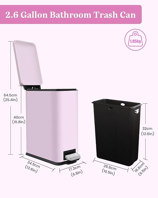 Pink Trash Can, 2.6 Gallon Bathroom Trash Can with Lid, Stainless Steel Garbage Can with Removable Liner Bucket, 10 Liter Rectangle Step Trash Bin for Office, Kitchen, Bedroom, Living Room