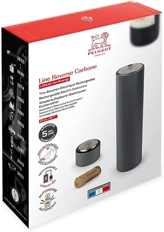 Peugeot Line Reverse Automatic Rechargeable Electric Wine Opener/Corkscrew, Carbon Dark Grey
