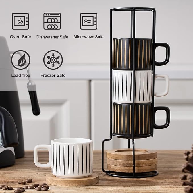LUKA Porcelain Espresso Cup with Saucer and Metal Stand, 4 Ounce Stackable Ceramic Demitasse Espresso Mugs Cups Set for Latte, Specialty Coffee Drinks, Cafe Mocha,Tea - Set of 4, White & Black