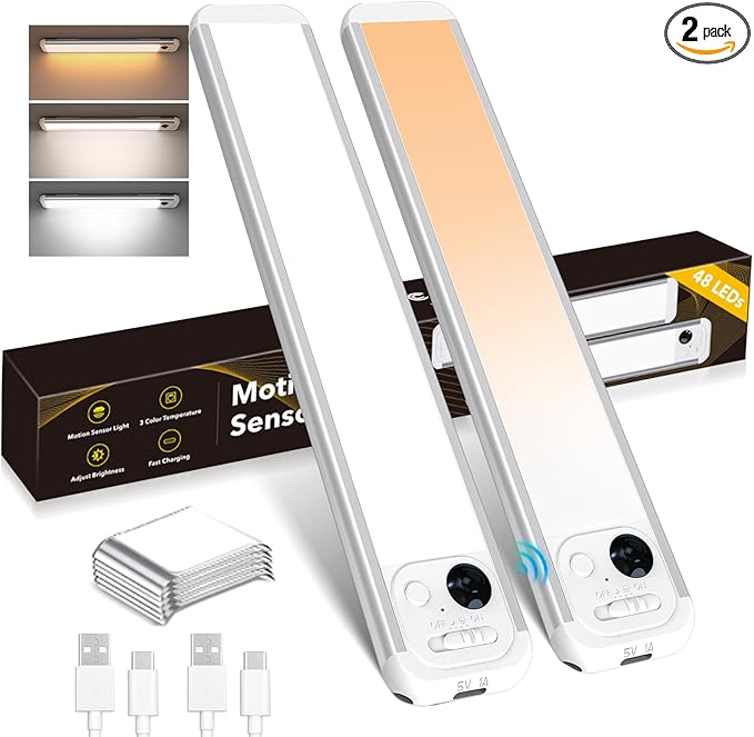 Under Cabinet Lighting, 3 Colors, Motion Sensor Light Indoor, LED Rechargeable Closet Lights Battery Operated, Dimmable Night, Stick-On Magnetic Cabinet Lights for Kitchen Stairs Hallway