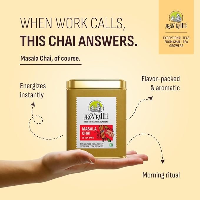 Iron Kettle Masala Chai | Premium Assam CTC tea bag blended with natural spices for strong & spicy sweet flavor | Sourced exclusively from small tea growers with higher fine leaf count | 25 Tea bags