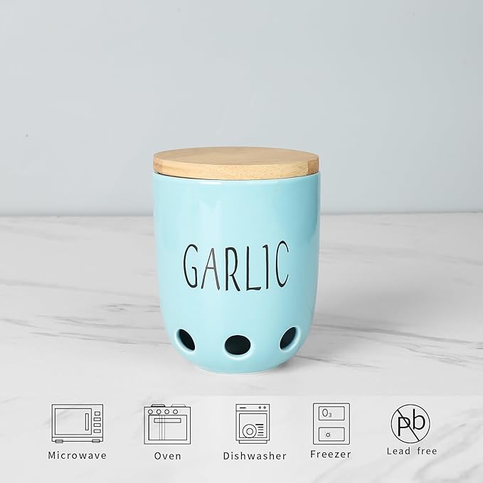 Ceramic Garlic Keeper for Counter, Garlic Saver Container with Wood Lid, Garlic Keeper for Kitchen, Garlic Holder to Keep Your Garlic Cloves Fresh Longer (Turquoise)