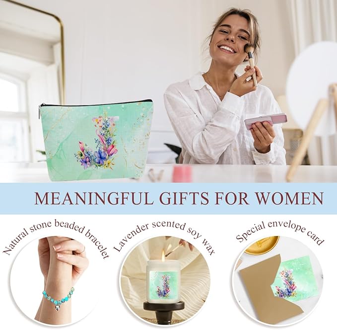 Personalized Gifts Monogrammed Birthday Gifts for Women, Maid of Honor Bachelorette Wedding Christmas Initial Wine Tumbler Makeup Bag Scented Candle Bracelet Set, (Aesthetic Green Flower J)