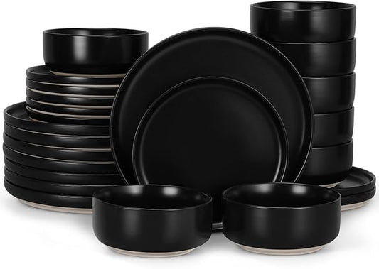 LIANYU Plates and Bowls Sets for 8, 24 Piece Stoneware Dinnerware Set, Porcelain Dishware for Kitchen and Dining, Microwave Oven Dishwasher Safe, High temperature & Scratch Resistant, Matte Black