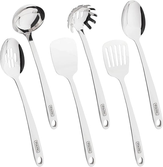 Viking Kitchen Utensils Set, 6 Piece Stainless Steel Cooking Utensil Set, Includes Spatulas, Spoons, Pasta Fork, and Deep Ladle, Hollow Forged, Silver