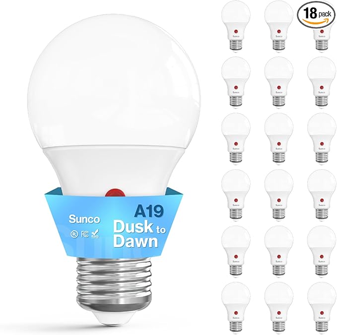 Sunco 18 Pack Dusk to Dawn LED Outdoor Light Bulb A19, Photocell Automatic for Exterior Lighting, 800 LM, 9W (60W Eqv.), 3000K Warm White, Auto On/Off Sensor, IP65 Rated UL