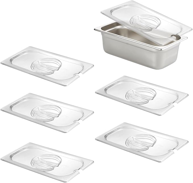HECMAC 6-Pack 1/3 Size Slotted Hotel Pan Clear Cover, Only for Stainless Steel Food Pan, Polycarbonate