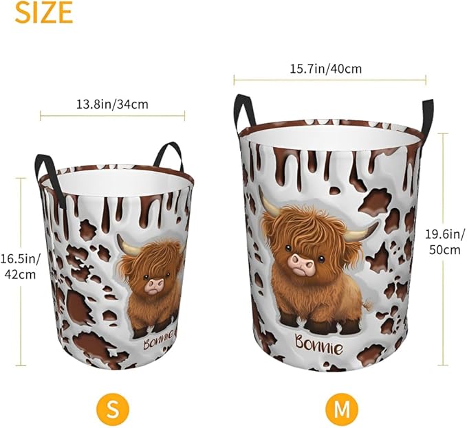 callie Personalized Highland Cow Laundry Basket for Kids, Waterproof Collapsible Laundry Hamper, Clothes Toys Storage Bin for Bedroom Nursery (13.8" x 16.5", 15.7" x 19.6")