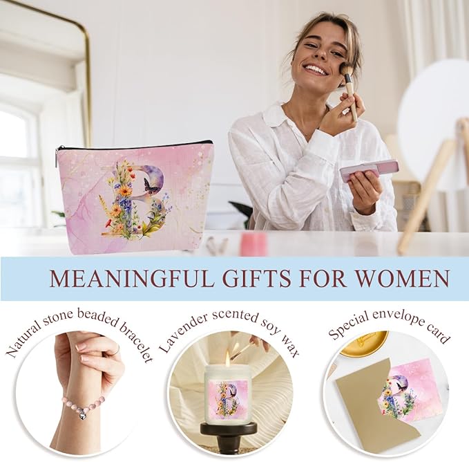 Personalized Gifts Monogrammed Birthday Gifts for Women, Sister Cowerker Mom Boss Day Christmas Appreciation Initial Wine Tumbler Makeup Bag Scented Candle Bracelet Set, (Aesthetic Pink Flower B)