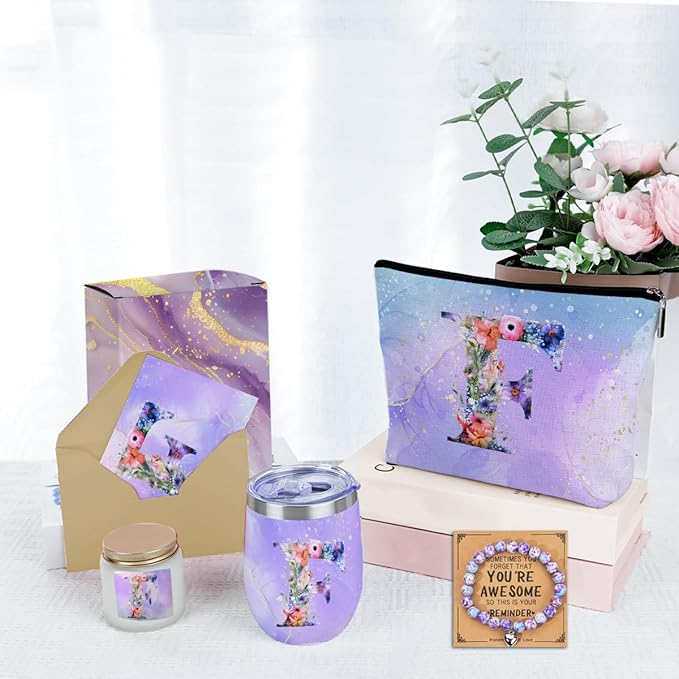 Personalized Gifts Monogrammed Birthday Gifts for Women, Aunt Grandma Retirement Christmas Initial Wine Tumbler Makeup Bag Scented Candle Bracelet Set, (Aesthetic Purple Flower F)