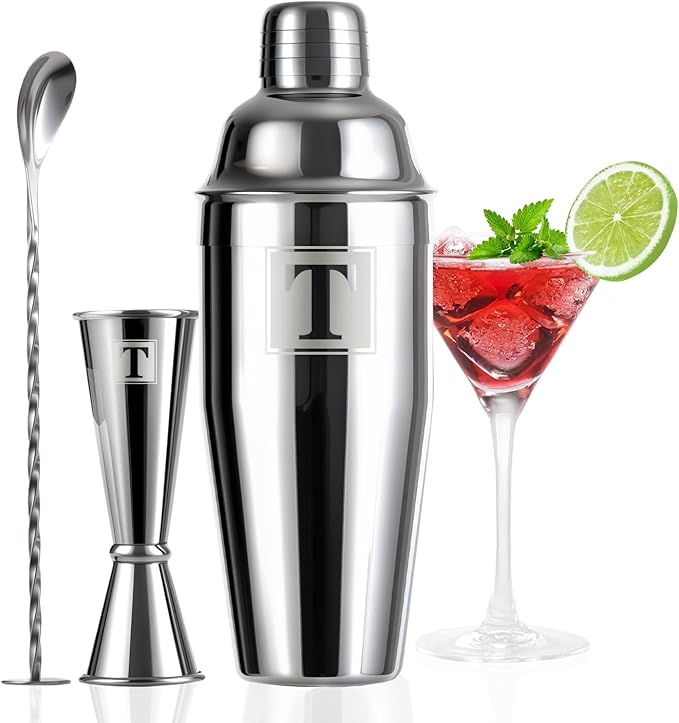 24oz Cocktail Shaker Set with 1 oz 2oz Jigger - Monogramm Initials Martini Shaker Set - 304 Stainless Steel Bar Shaker for Margarita,Mojito-Personalized Gift for Friend,Husband-T