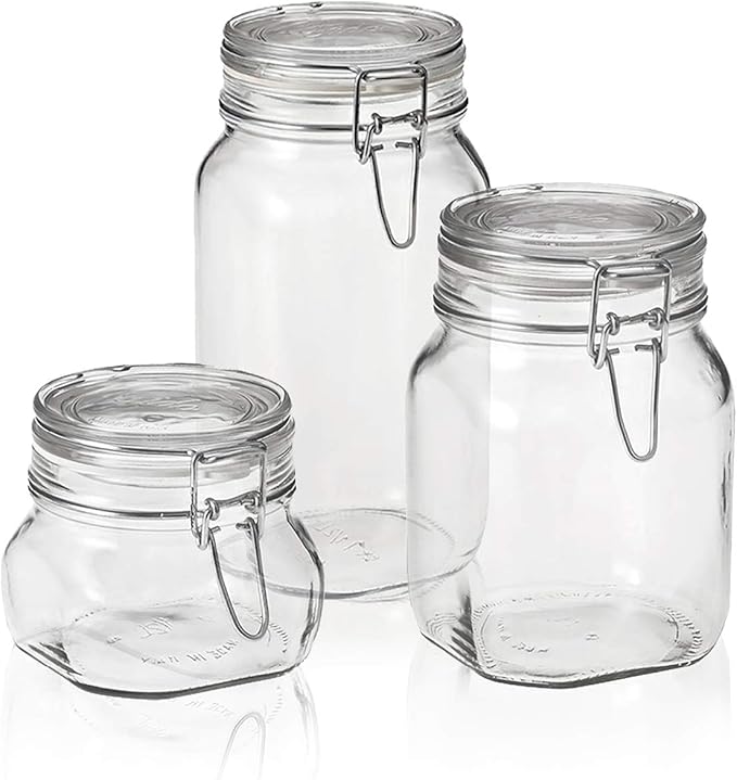 Bormioli Rocco Fido 3-Piece Set Food Storage - Pasta and Cookie Jars - Hermetically Sealed - Retains Freshness - Organizing small (17), medium(33), and large(50) Jars, clear (149740S06021990)