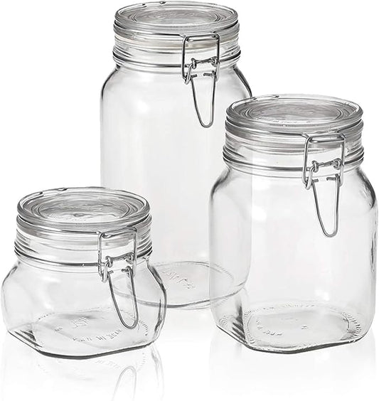 Bormioli Rocco Fido 3-Piece Set Food Storage - Pasta and Cookie Jars - Hermetically Sealed - Retains Freshness - Organizing small (17), medium(33), and large(50) Jars, clear (149740S06021990)
