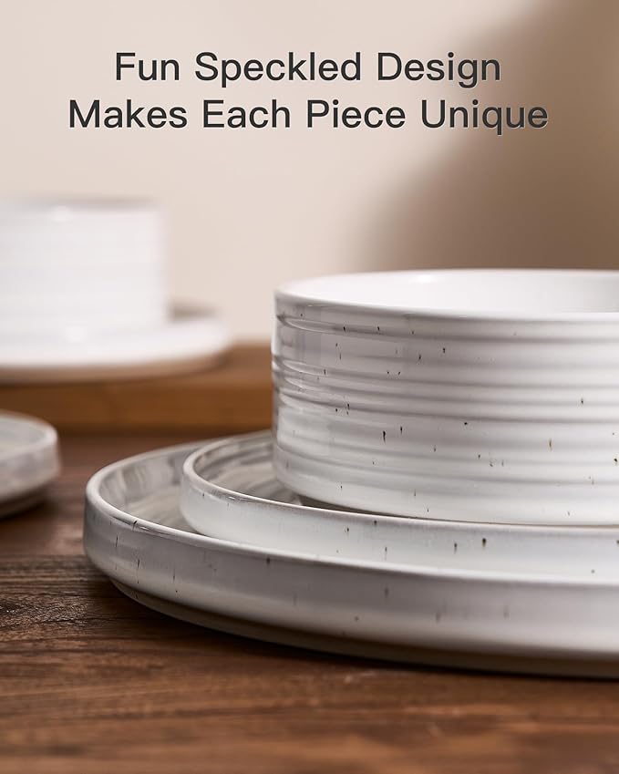 Stoneware Dinnerware Sets, Dish Set for 8, 24 Pieces Spiral Dishware Set with Straight Rim, Speckles & Reactive Glaze - Microwave and Dishwasher Safe Tableware, White