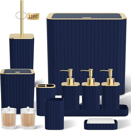 Bathroom Accessory Set - Bathroom Set, 12PC Bathroom Accessories Set, Navy Blue Bathroom Accessories Set, Mini Trash Can, Toilet Brush, Trash Can & Soap Dispenser
