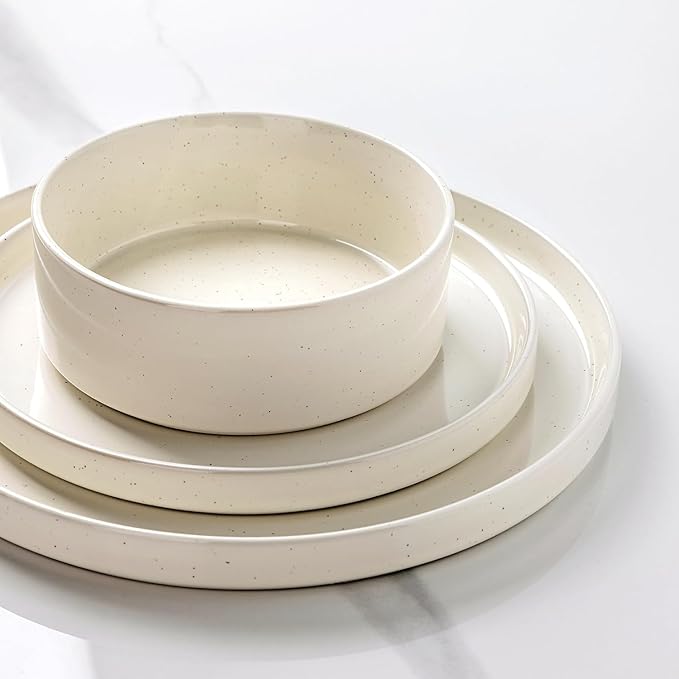 GBHOME Dinnerware Set for 6, 18 Piece Speckled Plates and Bowls Set with Glazed Bottom, Chip & Scratch Resistant Stoneware Plates Sets, Dishwasher & Microwave Safe Dishes, Light Beige