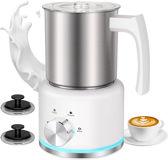 Milk Frother, 16.9 OZ Milk Frother and Steamer, 4 in 1 Electric Milk Frother Dishwasher Safe, Durable Silent Working Frother for Coffee, Hot and Cold Foam Maker, White