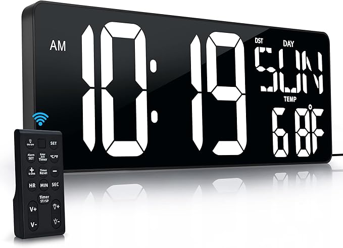 Large Digital Wall Clock with Remote Control 17.2" LED Large Display Timer with Temperature Date Week Auto DST Adjustable Brightness, Big Wall Alarm Clock for Living Room Office Garage Gym Seniors