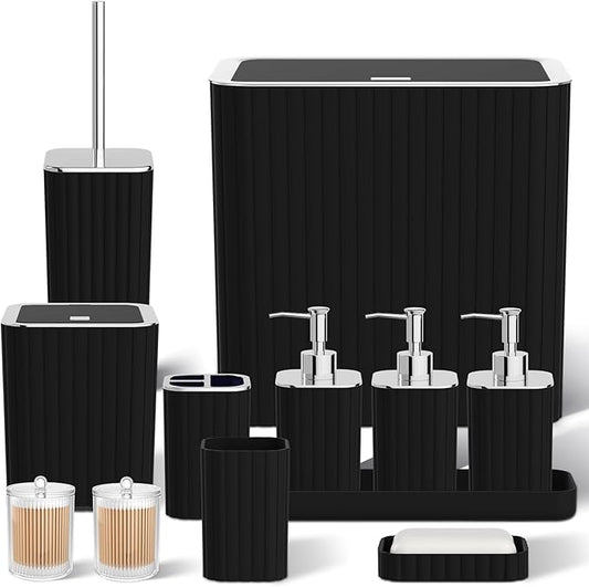 Bathroom Accessory Set - Bathroom Set, 12PC Bathroom Accessories Set, Black Bathroom Accessories Set, Mini Trash Can, Toilet Brush, Trash Can & Soap Dispenser
