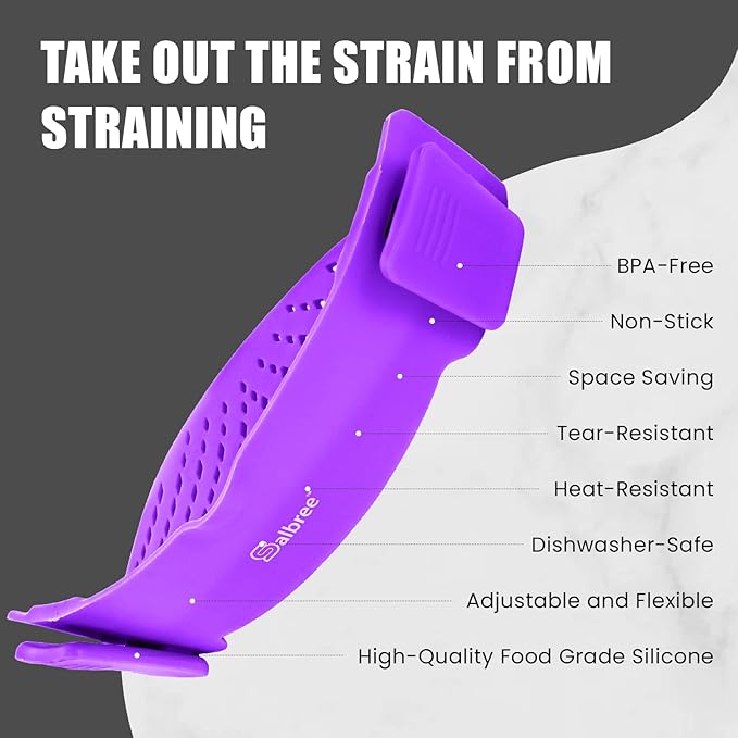 Clip On Kitchen Food Strainer for Spaghetti, Meat, Pasta, & Ground Beef Grease, Colander & Sieve Snaps or Clips Onto Bowls, Pots & Pans Includes Silicone Drainer, Brush & Garlic Peeler (Purple)