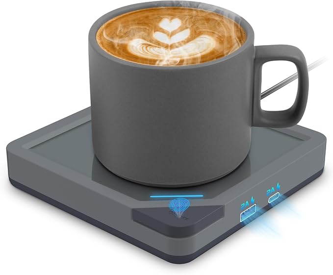 Coffee Mug Warmer Set: Coffee Warmer for Desk Auto Shut Off Candle Warmer Plate Electric Beverage Coffee Cup Warmer Heated Coffee Mug for Coffee,Tea, Milk Up to 131°F/55°C (Grey)
