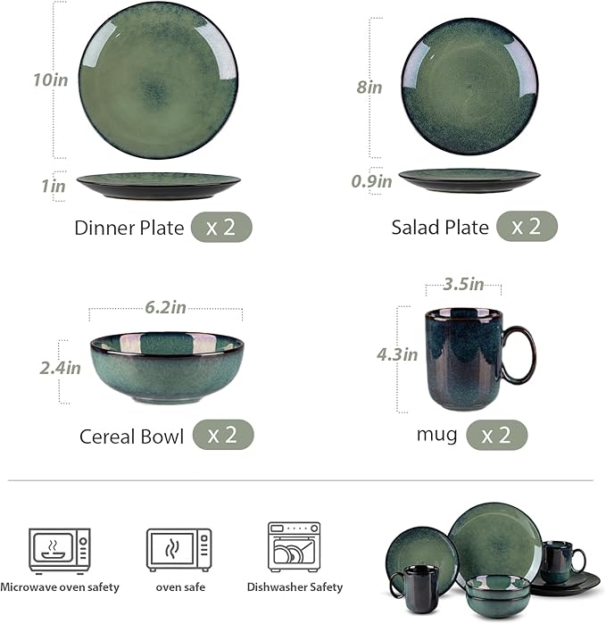 8 Piece Dinnerware Sets for 2， Scratch Resistant,microwave oven and Dishwasher Safe Plates and Bowls Sets Ceramic, Dish Set, Bowl and Plate Set -Kiln turns foggy green