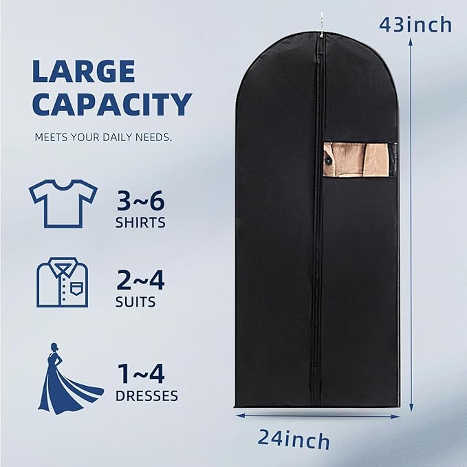 Garment Bag, 24'' x 55'' Suit Bag, 4 Packs, Dress Bags for Gowns, Garment Bags for Travel, Travel Garment Bag, Garment Bags for Hanging Clothes, Washable Suit Cover for Suits, Coats (Black)