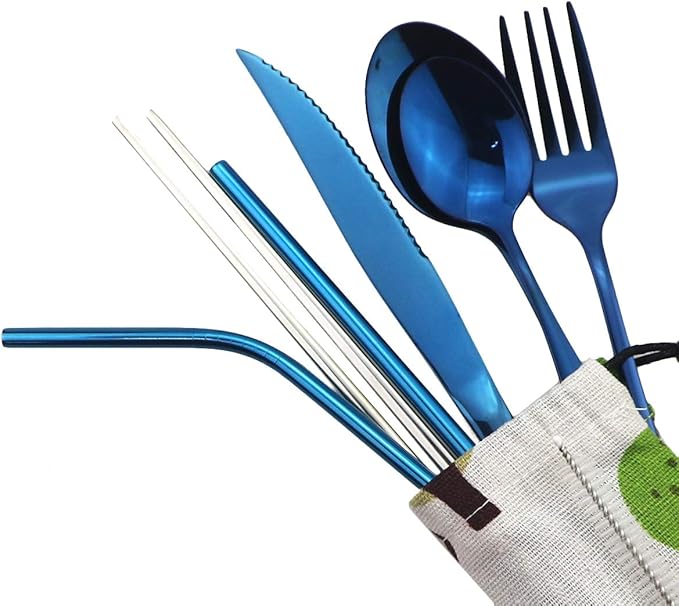 Gugrida Blue Reusable Utensils, Healthy & Eco-Friendly 8 Pieces Portable Stainless Steel Flatware Tableware Set, Portable Travel Camping Cutlery Knife Fork Spoon Straws Set（Steak Knife）
