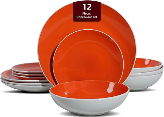 Stoneware Coupe Shape 12pc Dinnerware Set, Outside White + Inside Coral