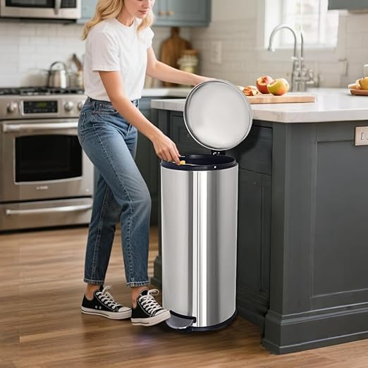 8 Gallon Trash Can, Stainless Steel Garbage can with Removal Liner, Pedal Trash Can with Soft Close lid, Round Trash Bin for Kitchen, Office, Dorm or Bathroom, 30 Liters, Silver