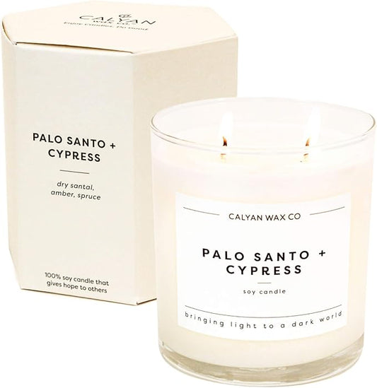 Calyan Wax Co. Palo Santo & Cypress 2 Wick Scented Candle - 37 Hour Burn - Luxury Non Toxic Soy Wax Candles - Long Lasting Large Glass Jar Candle for Home - 8.8oz