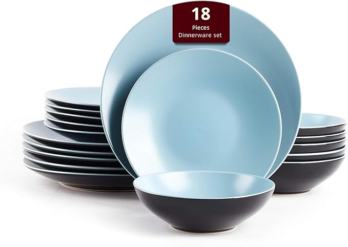 Stoneware Two-Tone Colors Life 18pc Dinner Set，Outside Shiny Black + Inside Turquoise