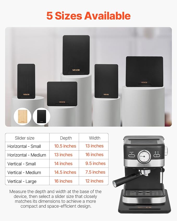 VEVOR Appliance Slider, Medium 14 x 9.5-inch, Rolling Sliding Tray with Silent Rubber Wheels & Hollow Handle, Easy to Clean, Appliance Rolling Tray for Coffee Maker, Kitchen Countertop, Black