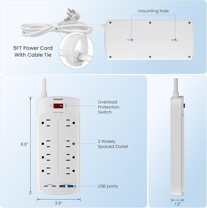 8-Outlet Surge Protector Power Strip, POWSAF 5Ft Flat Plug Extension Cord with 2 USB-C (PD 20W) Fast Charging Ports and 2 USB-A Ports for Home, Office, 2700 Joules, ETL, White