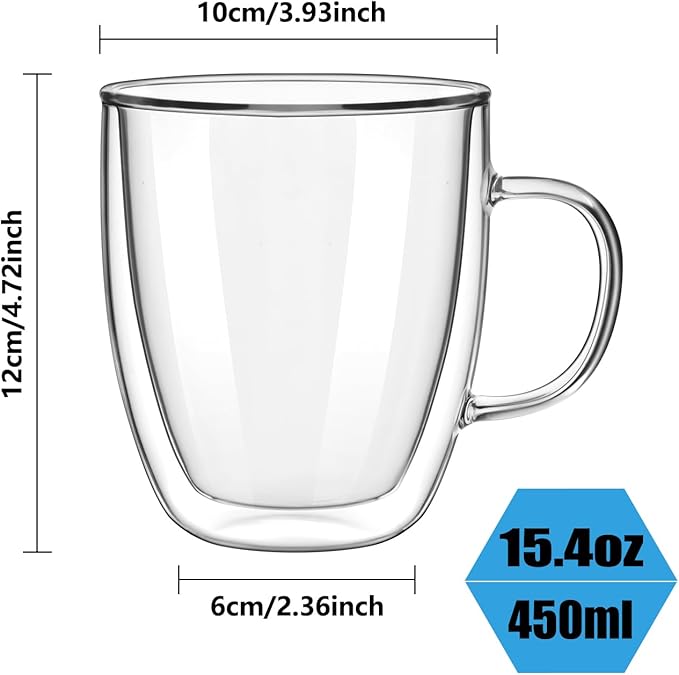 Double Wall Glass Coffee Mugs 350ml / 12oz – Set of 2 Insulated Clear Cups for Espresso, Latte, Cappuccino, Tea, Hot or Cold Drinks (15oz set of 2)