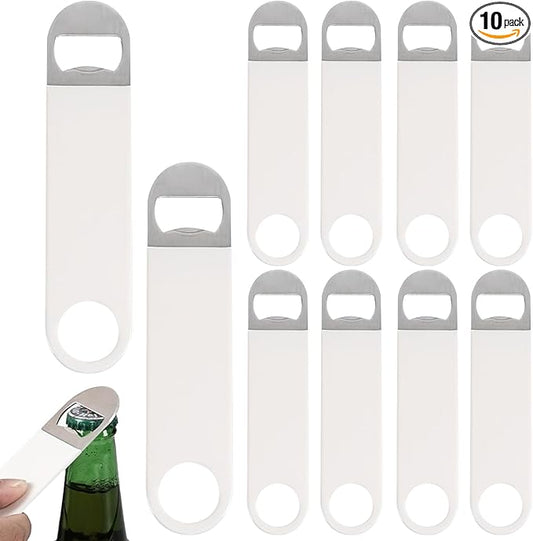10 Packs Stainless Steel Flat Beer Bottle Openers, Bottle Opener with Rubber Coated Handle, Bar Blade Bottle Openers, White